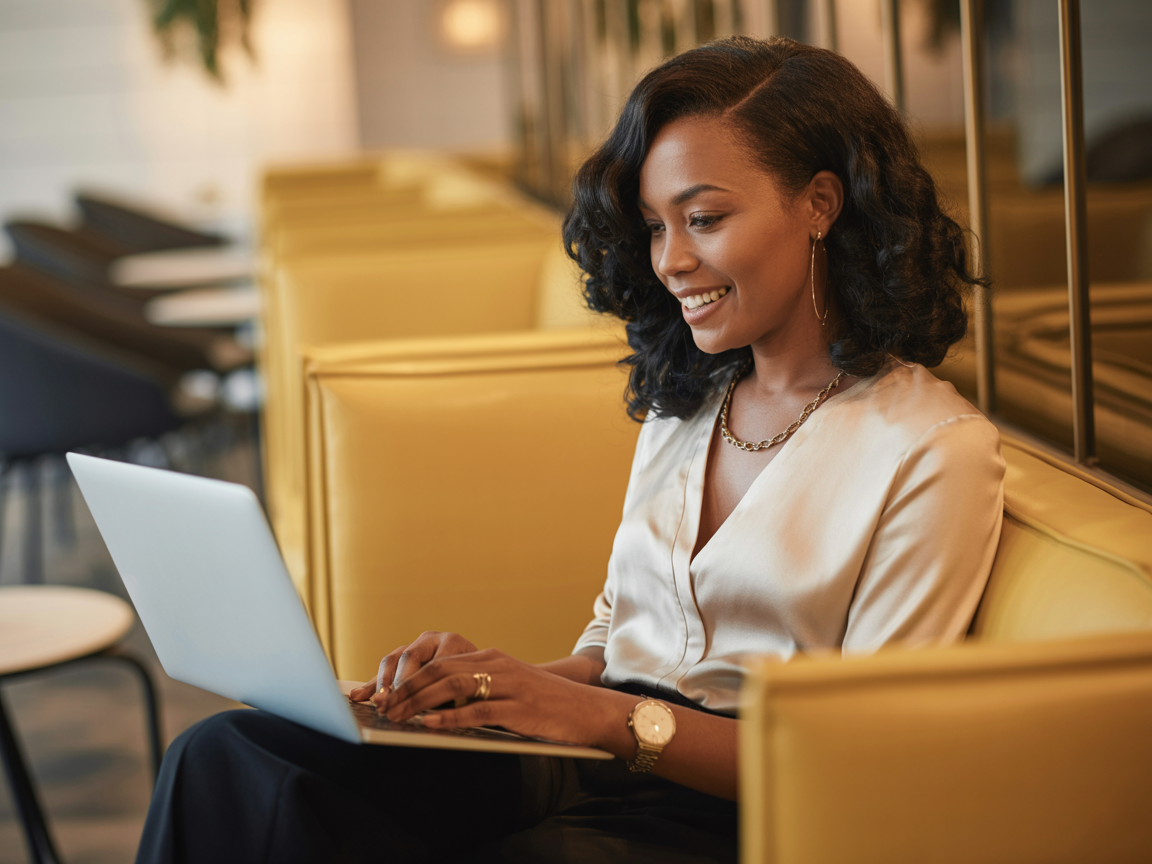 Professional Black woman working productively on her side hustle in a chic caf\u00e9