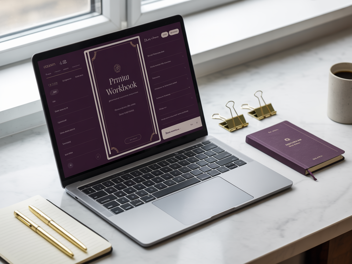 Side Hustle Starter Kit workbook displayed on laptop in modern office