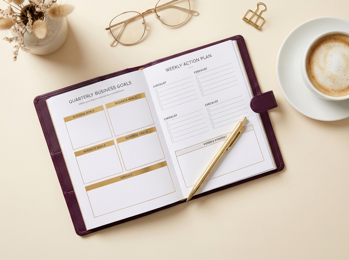 Open workbook pages showing planning templates and checklists