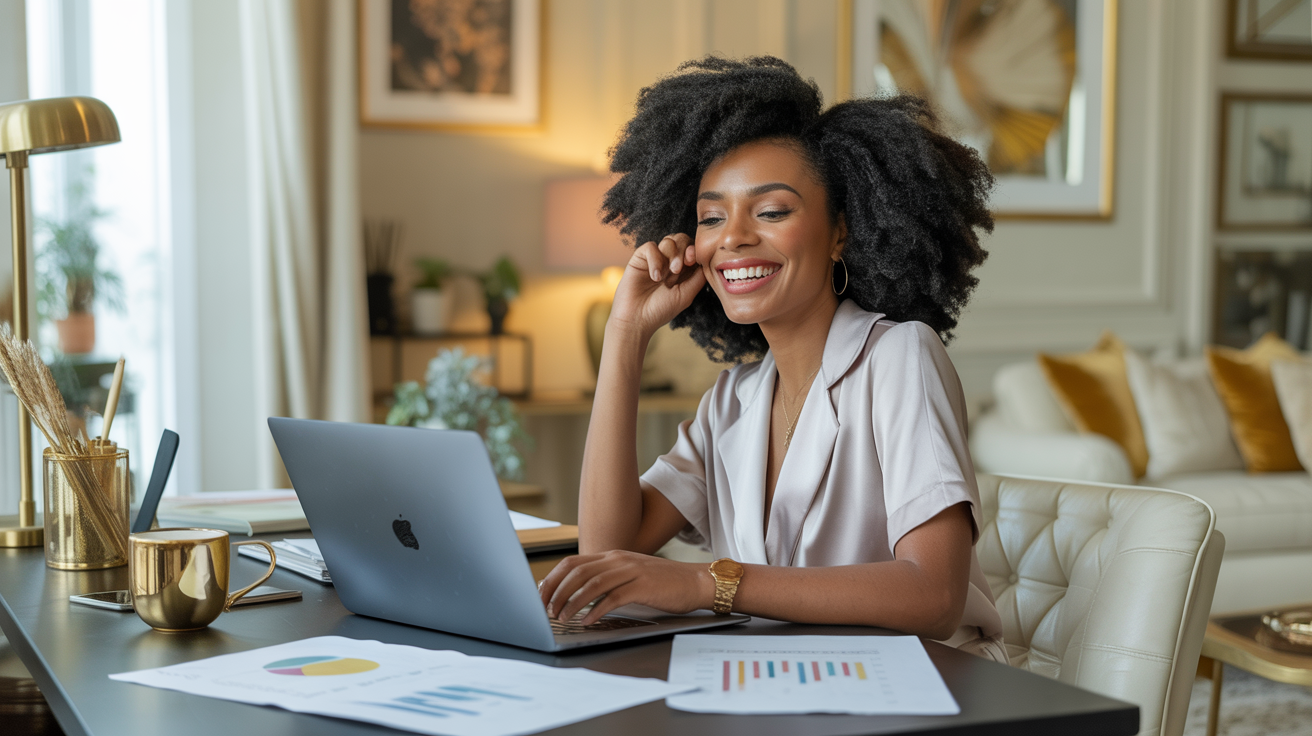 Professional Black woman smiling radiantly while working on her side hustle